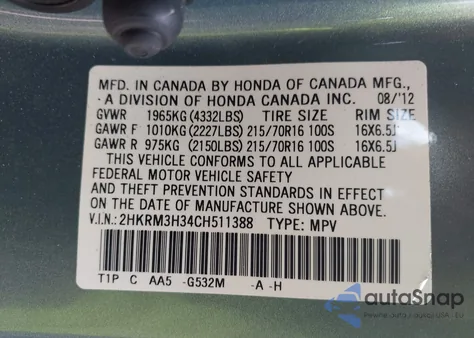 2012 Honda Cr-V Lx z USA, uszkodzony, nr VIN 2HKRM3H34CH511388